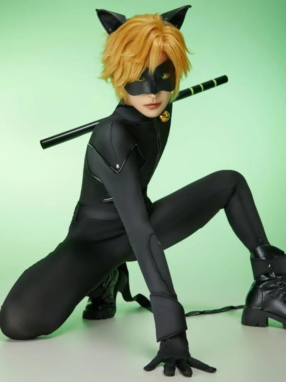 Unisex Miraculous Cat Noir Costume Set with Eye Mask, Ears, Wrist & Ankle Covers